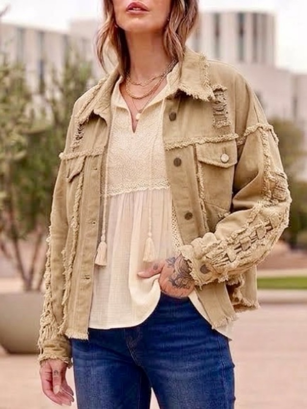 BLUEVELVET Distressed Frayed Denim Jacket